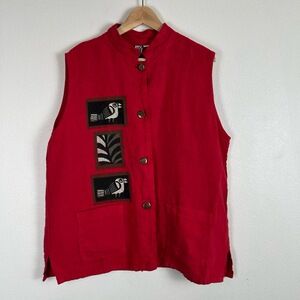Vintage Ad Libz Vest Womens Red Painted Lagenlook Button Wearable Art Linen Boho